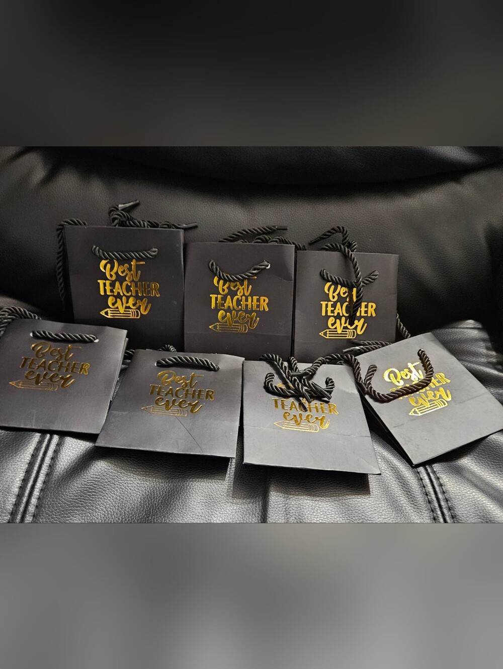 Black Gift Bags with Gold "Best Teacher Ever" Design - Set 7ct